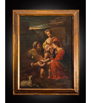 Dipinto antico olio su tela raffigurante "La Sacra Famiglia". Francia inizio XIX secolo.
