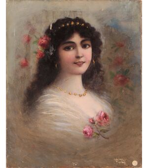 Antico dipinto ritratto di donna con rose olio su tela