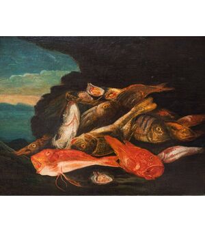  Scuola Napoletana del XVII secolo, Natura Morta con pescato