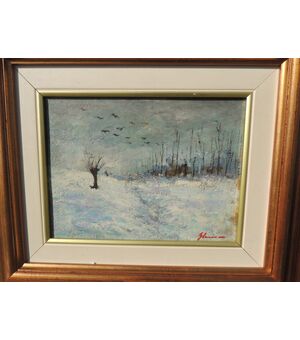 Dipinto su tela , Neve con corvi, cm 16 x 21