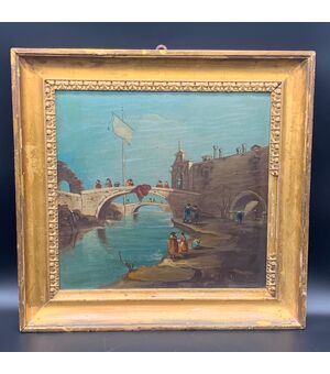 DIPINTO SU TAVOLETTA “CAPRICCIO CON PONTE E FIGURE”