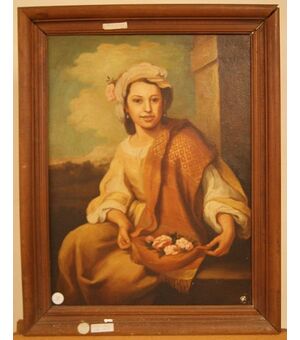 Antico quadro Olio su tela italiano del 1900 "Donna con fiori"