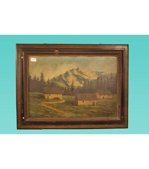 Antico quadro italiano olio su tavola Paesaggio montano