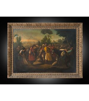 Dipinto antico olio su tela raffigurante"Il ritrovamento della coppa rubata nel sacco di Beniamino". Periodo XIX secolo.