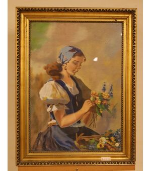 Antique watercolor from 1800 depicting a woman with flowers     