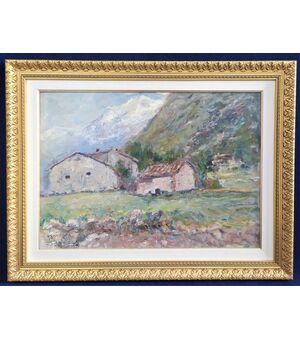 Carlo Aimetti (1901-1987) - dipinto olio su tavola "Rustici in Valmasino"