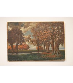 Antico quadro olio su tela raffigurante bosco in autunno firmato del 1900