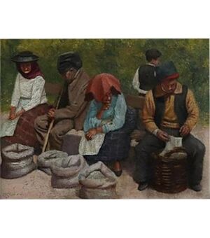 Scena contadina, inizio XX secolo, dipinto olio su tavola firmato