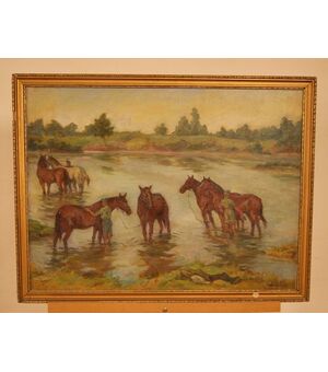 Antico quadro est europa del 1800 Olio su tela raffigurante "Soldati con cavalli"