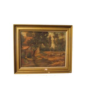 Olio su tela "Paesaggio con ponte e personaggi" di inizio 1900