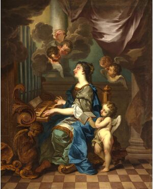 Roman School of the seventeenth century, Santa Cecilia with angels in concert, oil painting on canvas     