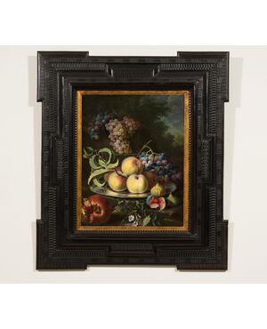 Maximilian Pfeiler (documentato dal 1694 al 1721), Natura morta con pesche, uva, fichi e melagrana, olio su tela