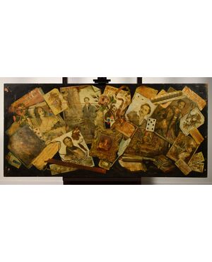Dipinto olio su tavola con elementi a collage, nord Italia, metà XIX secolo