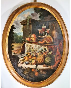 8. Scuola romana del XVIII secolo "Coppia di Nature morte con frutta  e architetture".