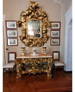 Importante consolle  e specchiera Luigi XIV, in legno intagliato, scolpito e dorato