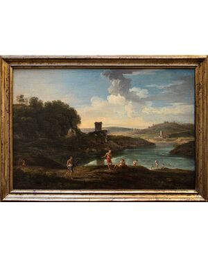 George Lambert (1700 - 1765),  Paesaggio bucolico con personaggi
