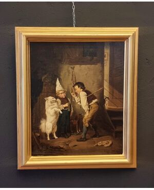 OIL ON CANVAS 800 RARE GENDER SCENE WITH DOG AND CAT CHILDREN SIGNED     