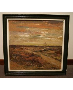 Antico quadro olio su cartoncino raffigurante tramonto 1900