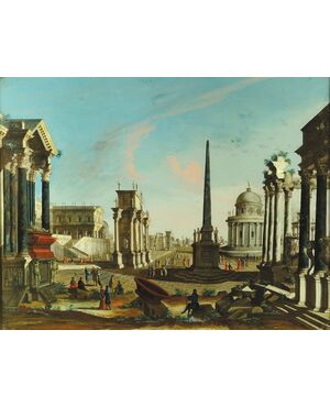 Francesco Chiarottini (1748 – 1796), Capriccio architettonico romano con personaggi, Olio su vetro