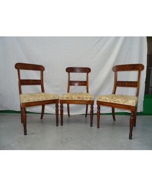 3 sedie in noce intarsiate Carlo X 1820 liguri
