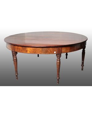 Grande tavolo circolare allungabile inglese del 1800 in mogano e piuma di mogano 2 metri / 5 metri