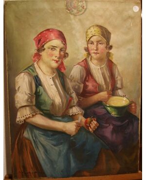 Antico quadro del 1800 olio su tela "Coppia di giovani donne"