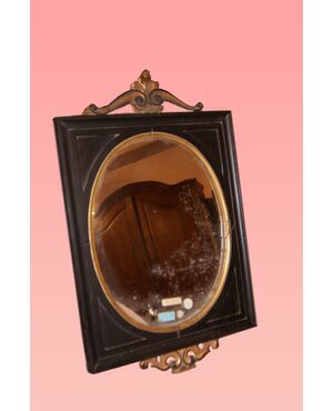 Specchiera italiana stile Luigi XVI in legno laccato nero e cimase in legno dorato foglia oro
