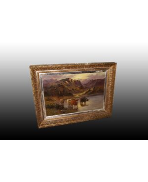 Olio su tela inglese del 1800 Paesaggio altopiani scozzesi con Buoi Highlander