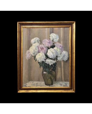 Dipinto olio su tela raffigurante vaso con fiori.Firma:M.Perey.Francia.