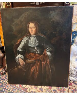 Pittore del XVIII secolo. Ritratto di gentiluomo con levriero. Olio su tela cm 110x90.