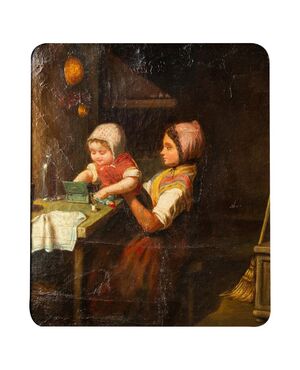 Rare antique painting with children playing - O / 6504 -     