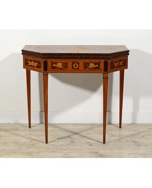 Tavolo consolle trasformabile in tavolino da gioco in legno intarsiato, Inghilterra, inizio XIX secolo, Epoca Giorgio III