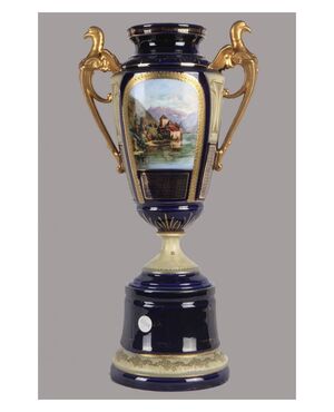 Grande vaso in porcellana manifattura Vienna del 1800 a fondo blu e decori oro