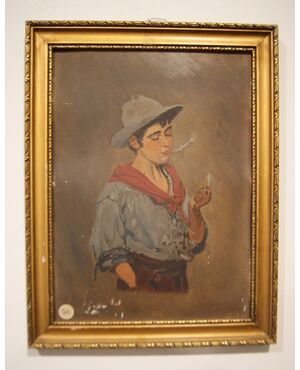 Antico quadro olio su cartoncino raffigurante ragazzo con sigaretta del 1900