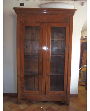 BOOKCASE WITH TWO DOOR INLAYS IN CARLO X STYLE WALNUT     