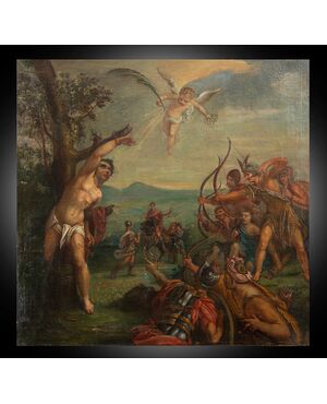 Dipinto antico olio su tela raffigurante il Martirio di San Sebastiano attribuito a "Hans Von Aachen" 1549-1628.