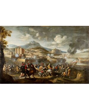 Marzio Masturzo, Battaglia tra cavallerie e vascelli con città fortificata sulla sinistra, olio su tela, XVII secolo 