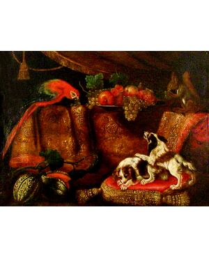 Cerchia de Il Maltese (1610-1660) Natura morta di frutta e animali
