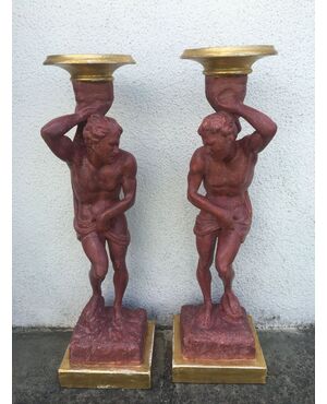 coppia sculture in  legno  dipinte a finto porfido