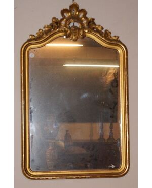 Antica media specchiera francese Luigi XVI del 1800 con cimasa dorata foglia oro