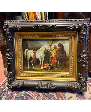 Gustavo Holte Attivo nel XIX-XX Secolo. Figura di moro con cavalli. Firmato in basso a destra G.Holt. Olio su tela, cm 35x25.