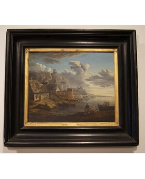 Antico quadro francese del 1800 olio su tavola veduta marina
