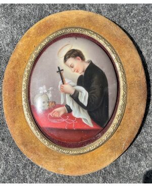 Miniatura ovale in porcellana incorniciato e dipinto raffigurante San Francesco.