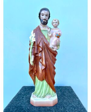 Saint Joseph and Child Jesus in polychrome earthenware, Ronzan Manufacture, Turin.     