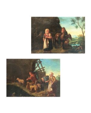Coppia di due dipinti veneti olio su tela raffiguranti paesaggi con figure