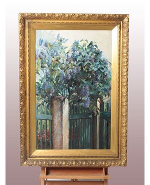 Antico olio su tela di inizio 1900 alberi e giardino