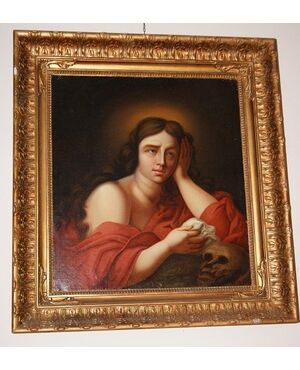 Antico dipinto olio su tela italiano del 1800 raffigurante "La Maddalena con teschio"