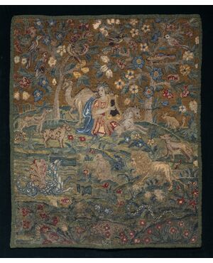 Inghilterra (Fine XVII Secolo), Orfeo incanta gli animali. Arrazzino a tecnica piccolo e grande punto in lana e seta