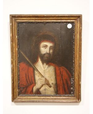 Antico dipinto su tavola francese del 1600 Raffigurante Cristo Gesù con splendida cornice antica