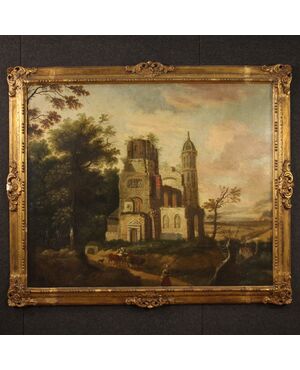 Antique French oil on canvas landscape painting from the 18th century